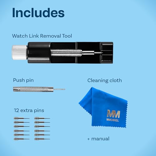 MMOBIEL Watch Link Removal Tool – Watch Band Repair Tool with 12 Extra Pins for Pin Removal & Watch Sizing – Repair Tool Kit – Metal Watch Bracelet Replacement – incl. Push Pin, Cleaning Cloth, Manual