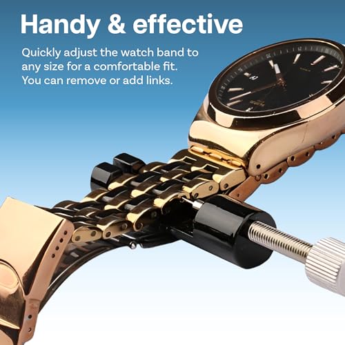 MMOBIEL Watch Link Removal Tool – Watch Band Repair Tool with 12 Extra Pins for Pin Removal & Watch Sizing – Repair Tool Kit – Metal Watch Bracelet Replacement – incl. Push Pin, Cleaning Cloth, Manual