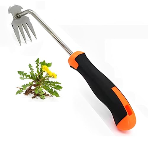 Weed Removal Tool, 2024 New Garden Weeding Tools Manganese Steel Hand Weeder Tool with Handle, 4 Teethes Dual Purpose Manual Weeders Tool Weed Pulling Tool for Garden (Rubber Handle)