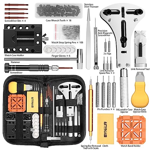BYNIIUR Watch Repair Kit, Watch Case Opener Spring Bar Tools, Watch Battery Replacement Tool Kit, Watch Band Link Pin Tool Set with Carrying Case and Instruction Manual