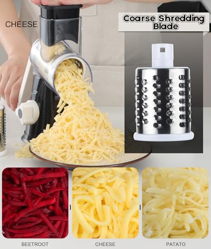 Ourokhome Rotary Cheese Grater Shredder, Round Mandolin Slicer with Handle and 3 Drum Blades, Kitchen Manual Vegetable Slicer Nuts Grinder with Cleaning Brush and Peeler, Black