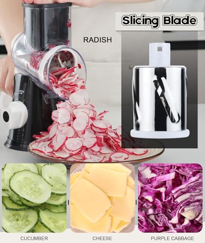 Ourokhome Rotary Cheese Grater Shredder, Round Mandolin Slicer with Handle and 3 Drum Blades, Kitchen Manual Vegetable Slicer Nuts Grinder with Cleaning Brush and Peeler, Black