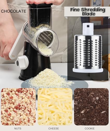 Ourokhome Rotary Cheese Grater Shredder, Round Mandolin Slicer with Handle and 3 Drum Blades, Kitchen Manual Vegetable Slicer Nuts Grinder with Cleaning Brush and Peeler, Black