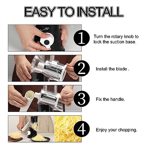 Ourokhome Rotary Cheese Grater Shredder, Round Mandolin Slicer with Handle and 3 Drum Blades, Kitchen Manual Vegetable Slicer Nuts Grinder with Cleaning Brush and Peeler, Black
