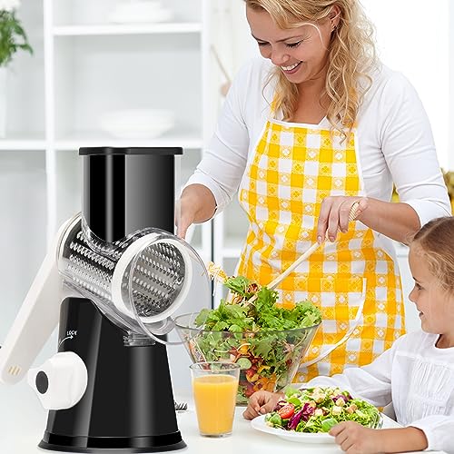 Ourokhome Rotary Cheese Grater Shredder, Round Mandolin Slicer with Handle and 3 Drum Blades, Kitchen Manual Vegetable Slicer Nuts Grinder with Cleaning Brush and Peeler, Black