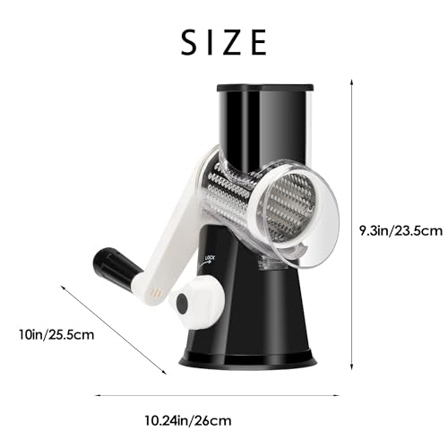 Ourokhome Rotary Cheese Grater Shredder, Round Mandolin Slicer with Handle and 3 Drum Blades, Kitchen Manual Vegetable Slicer Nuts Grinder with Cleaning Brush and Peeler, Black