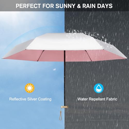 G4Free UPF 50+ UV Protection Umbrella Flat Mini Travel Umbrella Compact Manual Open Small Sun Umbrella (Pink)