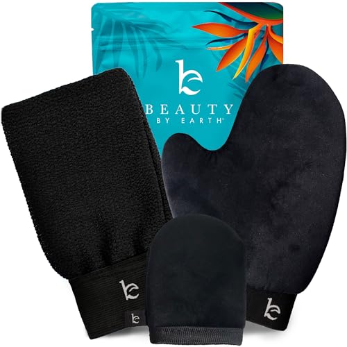 Self Tanner Tanning Mitt Set - Complete Tanning Mitt Kit with Exfoliating Gloves, Face and Body Tanner Glove for the Perfect Fake Tan - Self Tanning Glove Mitt Applicator