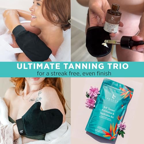 Self Tanner Tanning Mitt Set - Complete Tanning Mitt Kit with Exfoliating Gloves, Face and Body Tanner Glove for the Perfect Fake Tan - Self Tanning Glove Mitt Applicator