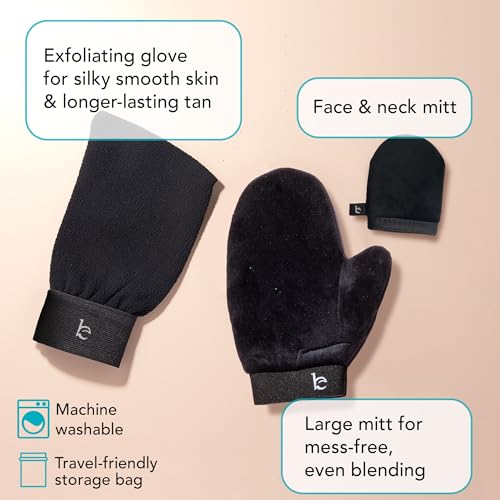 Self Tanner Tanning Mitt Set - Complete Tanning Mitt Kit with Exfoliating Gloves, Face and Body Tanner Glove for the Perfect Fake Tan - Self Tanning Glove Mitt Applicator