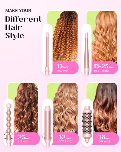 Wavytalk 5 in 1 Curling Iron,Curling Wand Set with Curling Brush and 4 Interchangeable Ceramic Curling Wand(0.5”-1.25”),Instant Heat Up,Include Heat Protective Glove & 2 Clips (Pink)