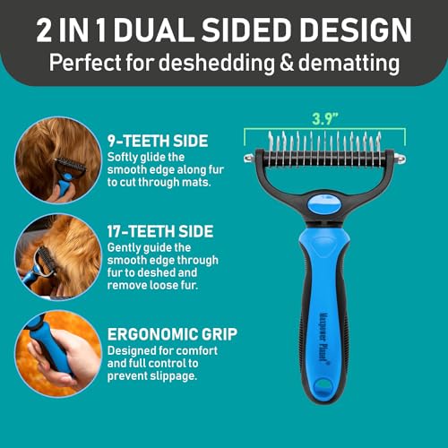 Maxpower Planet Pet Grooming Brush and 2X Grooming Gloves Combo - Double Sided Dematting, Deshedding Undercoat Rake for Dogs - Cat Brush, Dog Brush Shedding, Pet Brush - Reduce Shedding Easily - Blue