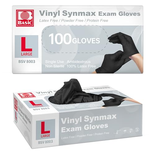 Supmedic Basic Vinyl Exam Gloves, 4 Mil Powder-Free Latex-Free Food Grade Disposable Medical Glove, Black 100Pcs (Large)