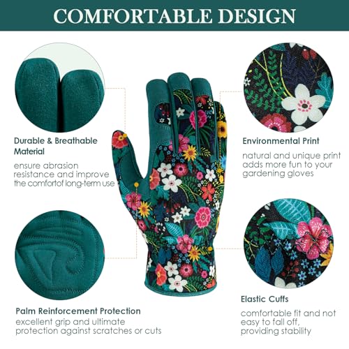 Trifabricy Garden Gloves for Women - Breathable leather Floral Gardening Gloves with Grip, Thorn-Proof Puncture-Resistant Work Gloves for Weeding, Digging, Planting, Raking and Pruning, Green Flower
