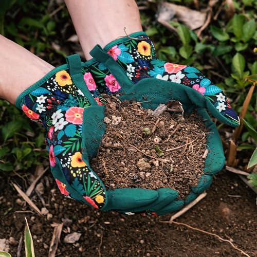 Trifabricy Garden Gloves for Women - Breathable leather Floral Gardening Gloves with Grip, Thorn-Proof Puncture-Resistant Work Gloves for Weeding, Digging, Planting, Raking and Pruning, Green Flower