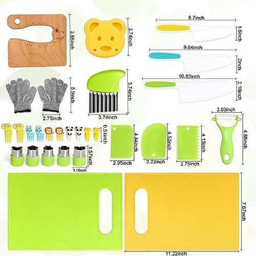 28PCS Toddler Knife Set - Kids Knifes for Real Cooking, Wooden Kids Kitchen Knife Set with Gloves Cutting Board Fruit Vegetable Crinkle Cutters Plastic Kid Safe Knives, Toddlers Kitchen Tools