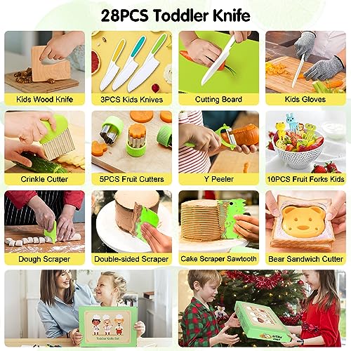 28PCS Toddler Knife Set - Kids Knifes for Real Cooking, Wooden Kids Kitchen Knife Set with Gloves Cutting Board Fruit Vegetable Crinkle Cutters Plastic Kid Safe Knives, Toddlers Kitchen Tools