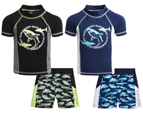 Body Glove Boys' Rash Guard Set - 4 Piece UPF 50+ Short Sleeve Swim Shirt and Bathing Suit Swimwear Trunks Set (4-12), Size 10, Navy WhiteBlack Sharks