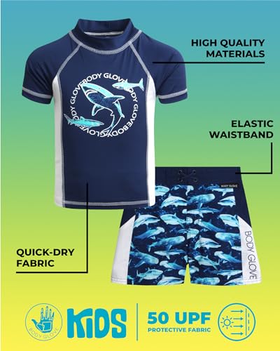 Body Glove Boys' Rash Guard Set - 4 Piece UPF 50+ Short Sleeve Swim Shirt and Bathing Suit Swimwear Trunks Set (4-12), Size 10, Navy WhiteBlack Sharks