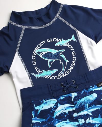 Body Glove Boys' Rash Guard Set - 4 Piece UPF 50+ Short Sleeve Swim Shirt and Bathing Suit Swimwear Trunks Set (4-12), Size 10, Navy WhiteBlack Sharks