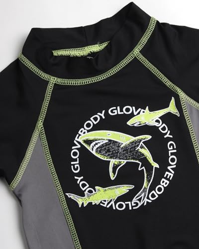 Body Glove Boys' Rash Guard Set - 4 Piece UPF 50+ Short Sleeve Swim Shirt and Bathing Suit Swimwear Trunks Set (4-12), Size 10, Navy WhiteBlack Sharks
