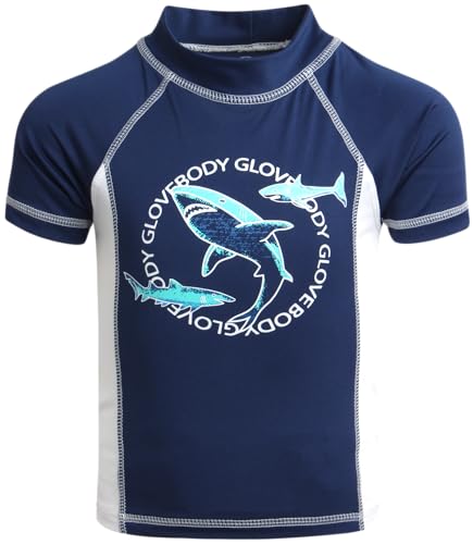 Body Glove Boys' Rash Guard Set - 4 Piece UPF 50+ Short Sleeve Swim Shirt and Bathing Suit Swimwear Trunks Set (4-12), Size 10, Navy WhiteBlack Sharks