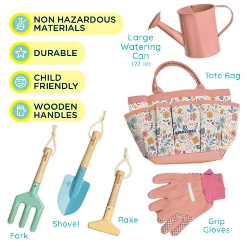 Kinderific Gardening Set, Tool Kit, for Kids, STEM, Includes Tote Bag, Spade, Watering Can, Rake, Fork, Trowel and Gloves (Floral)
