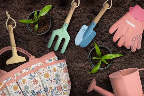 Kinderific Gardening Set, Tool Kit, for Kids, STEM, Includes Tote Bag, Spade, Watering Can, Rake, Fork, Trowel and Gloves (Floral)