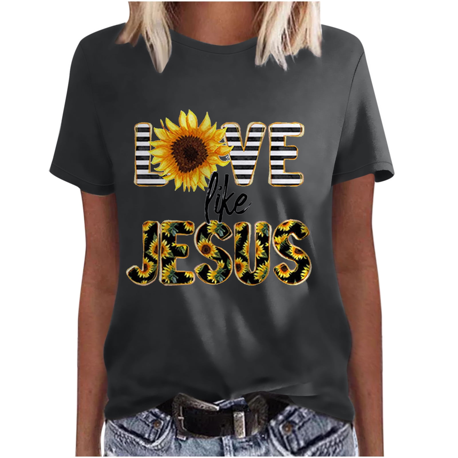 Faith-inspired Sunflower Print Tee for Christian Women