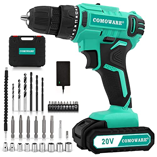 COMOWARE 20V Drill Set: Battery, Charger, 34 Drill Bits