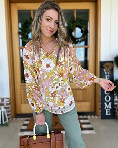 Boho Floral Blouse: V-Neck, Long Puff Sleeves