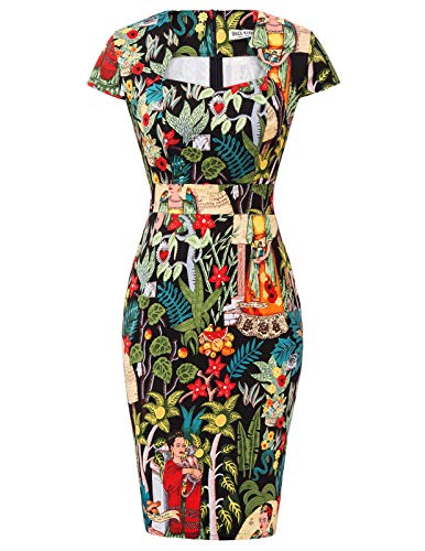 Vintage Printed Leaves Pencil Dress - Cap Sleeve
