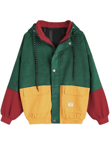 ZAFUL Corduroy Color Block Hooded Jacket - Green