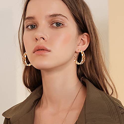 Vintage Geometric Resin Earrings - Black/White Grid (Orange)