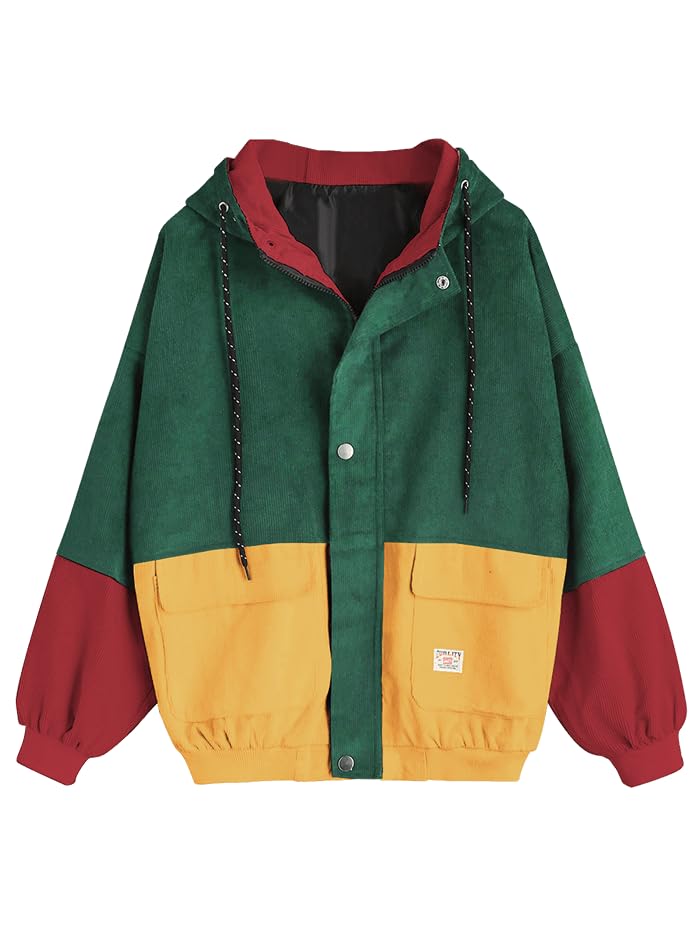 ZAFUL Corduroy Color Block Hooded Jacket - Green