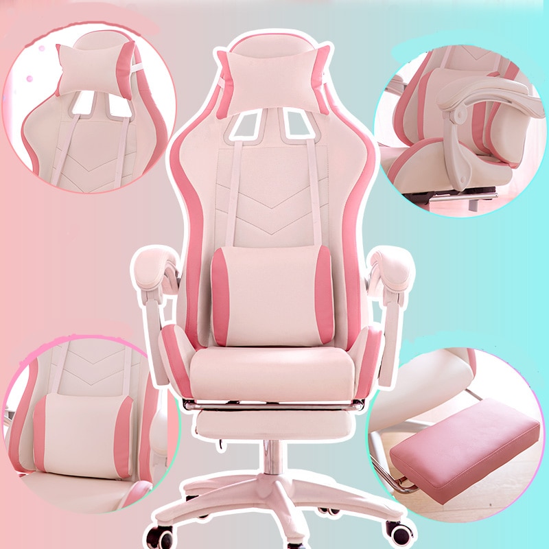 Pink Ergonomic Gaming Chair with Leg Rest