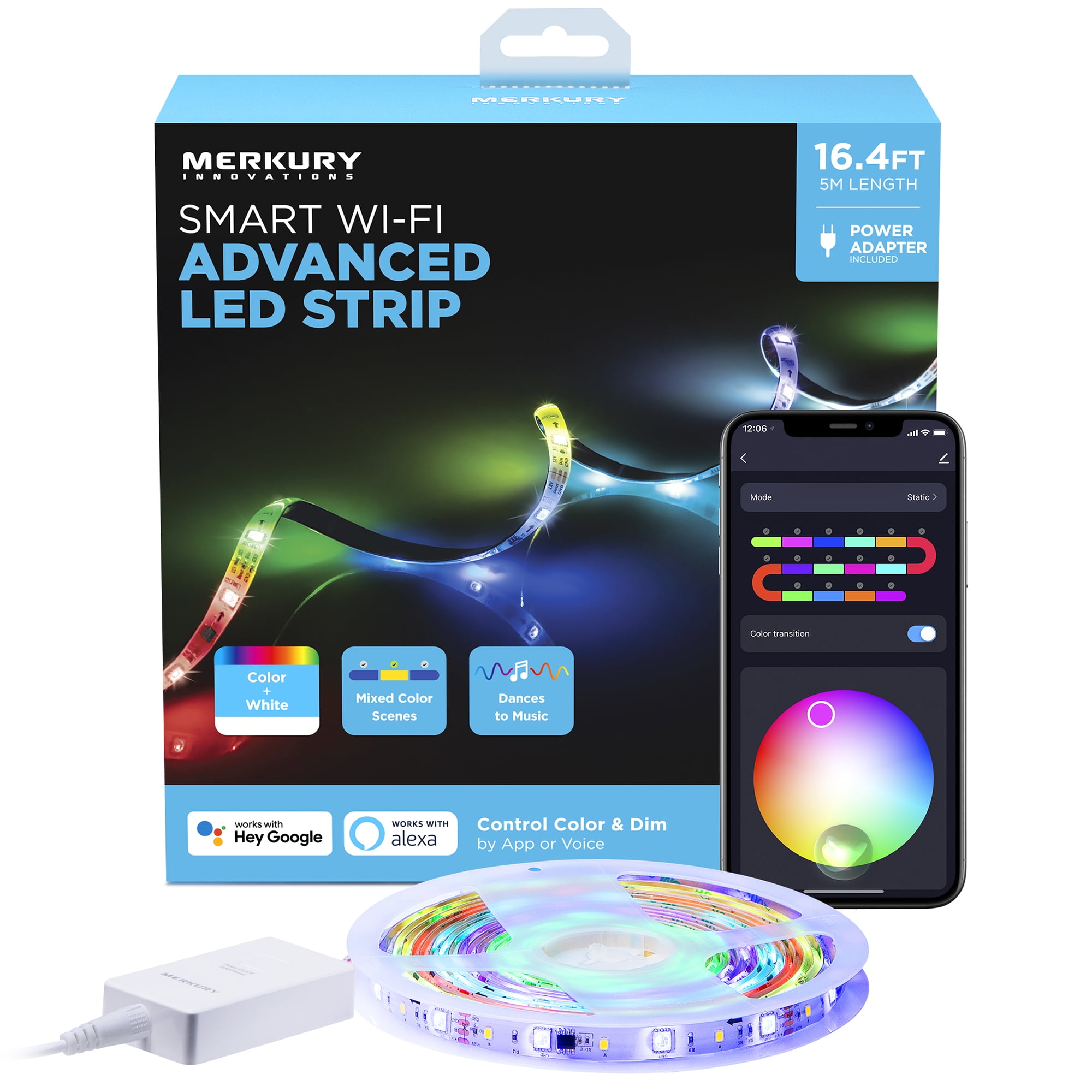 16ft Smart RGBW Strip Lights with Sound-Sync