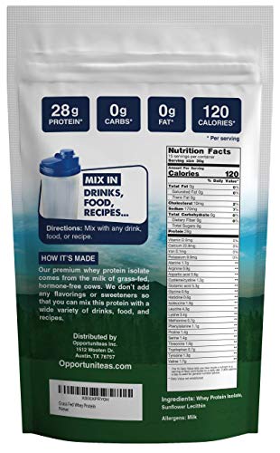 Opportuniteas Grass Fed Whey Protein Powder Isolate - Unflavored - Low Carb Keto & Paleo Diet Friendly - Pure Grass-Fed Protein for Shakes, Smoothies, Drinks & Recipes- Non GMO & Gluten Free - 1 Pound