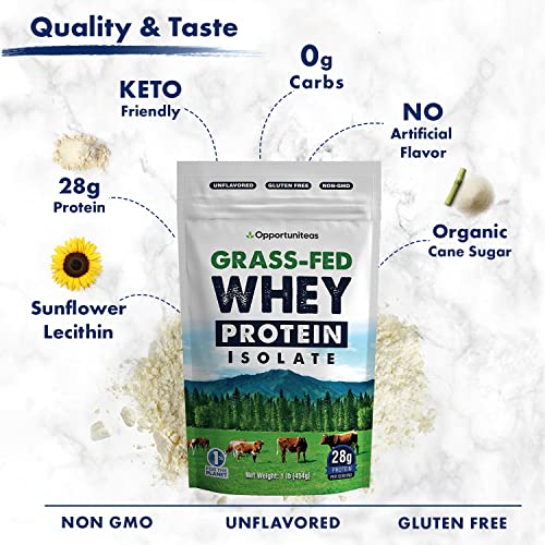 Opportuniteas Grass Fed Whey Protein Powder Isolate - Unflavored - Low Carb Keto & Paleo Diet Friendly - Pure Grass-Fed Protein for Shakes, Smoothies, Drinks & Recipes- Non GMO & Gluten Free - 1 Pound