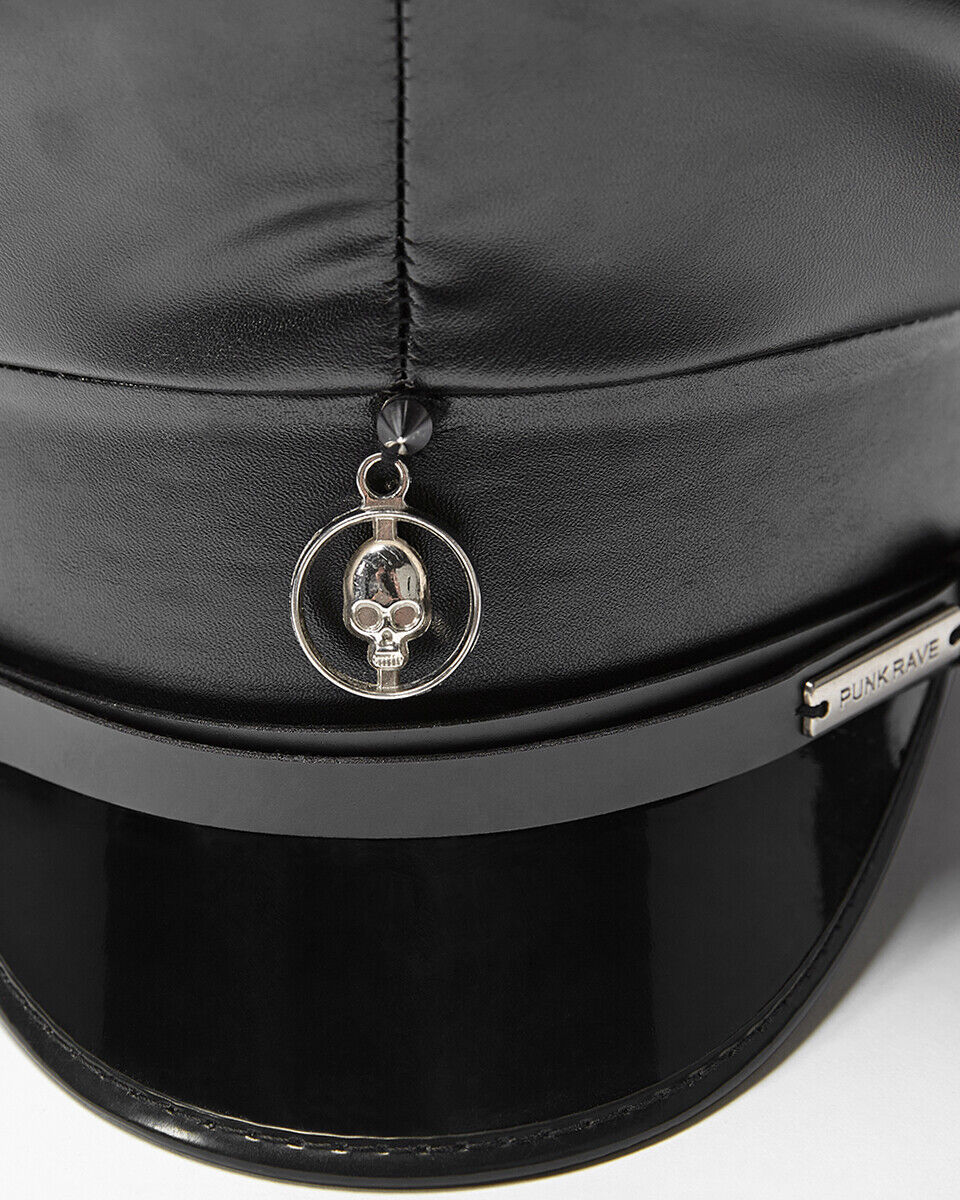 Steampunk Gothic Army Cap - Black Faux Leather