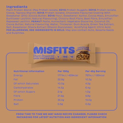 Plant-Based Misfits Protein Bars, Cookie Dough Flavor