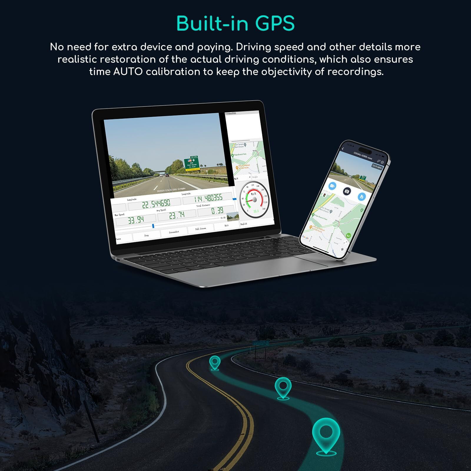 2.5K WiFi Dual Dash Cam with GPS & Speed