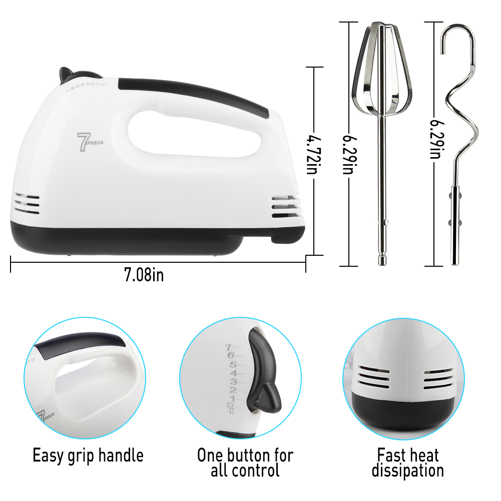 7-Speed Electric Hand Mixer with Whisk & Hooks