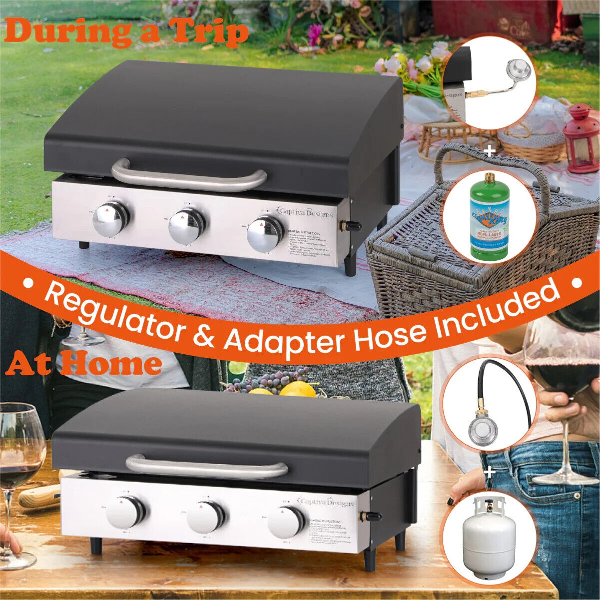 Portable Flat Top Gas Grill - 3 Burner
