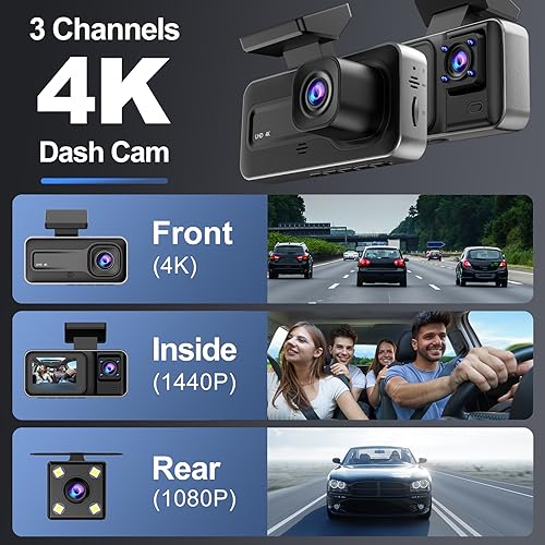 4K 3-Channel Dash Cam, Front & Rear Cameras