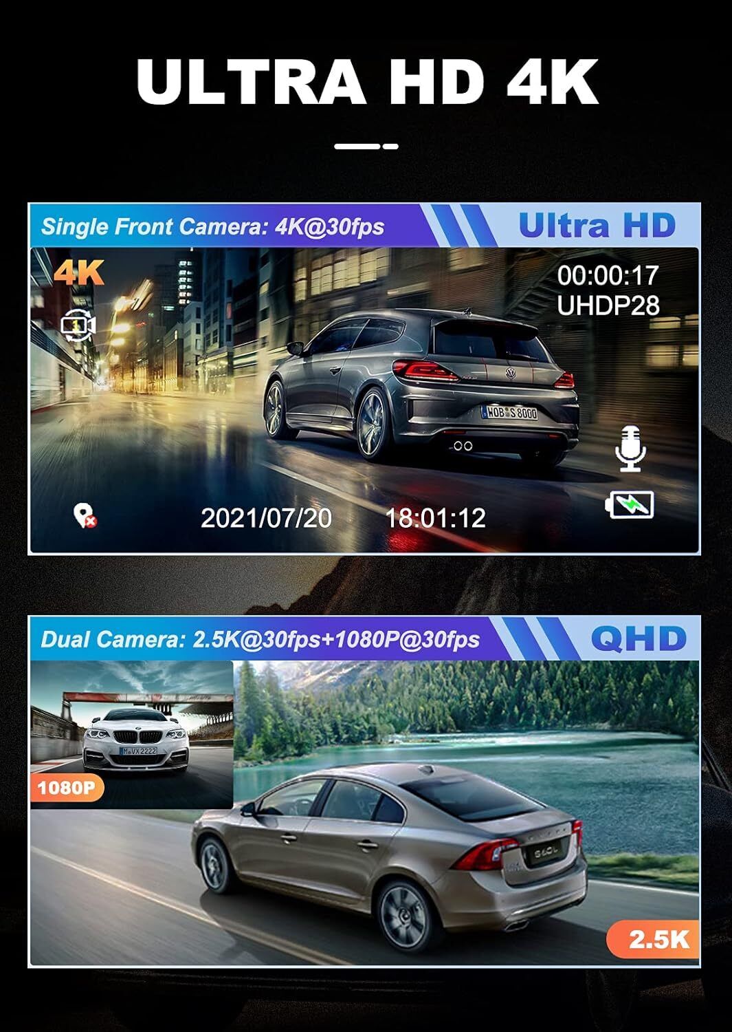 D530 4K Dash Cam Dual Front/Rear WiFi GPS 3