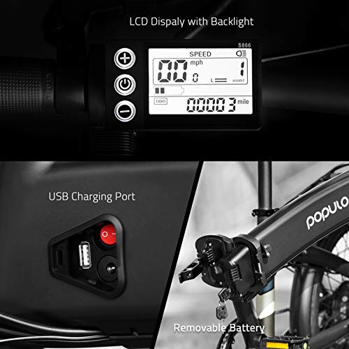 Populo 20'' Folding Electric Bike for Adults, 250W 36V Electric Bicycle with Removable Battery, Lightweight Aluminum Ebike with Suspension Fork, Lights & Rear Rack Included, USB Charge.