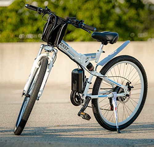 CLIENSY 26 Inch Electric Bike, 550W Folding Ebike with Removable 36V 12.5AH Lithium Battery for Adults, 21 Speed Shifter (White)