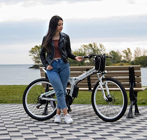 CLIENSY 26 Inch Electric Bike, 550W Folding Ebike with Removable 36V 12.5AH Lithium Battery for Adults, 21 Speed Shifter (White)