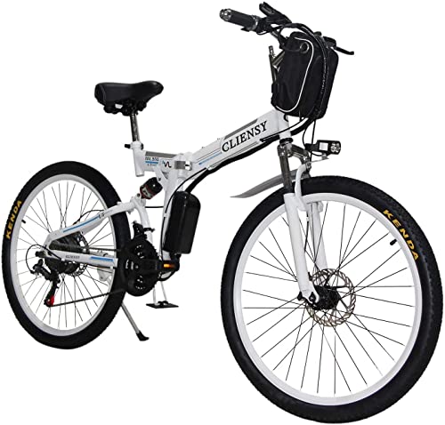 CLIENSY 26 Inch Electric Bike, 550W Folding Ebike with Removable 36V 12.5AH Lithium Battery for Adults, 21 Speed Shifter (White)